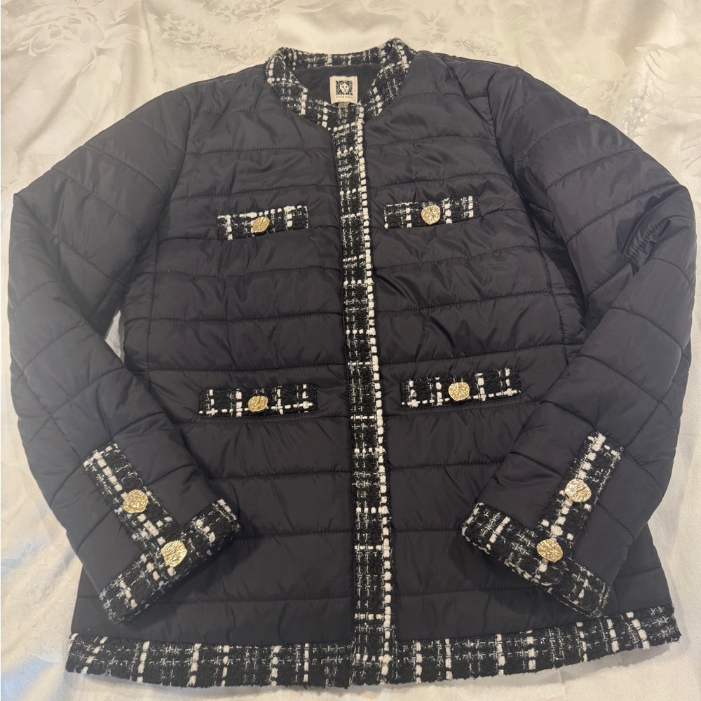 Anne Klein Black Puffer Jacket with Gold Accents